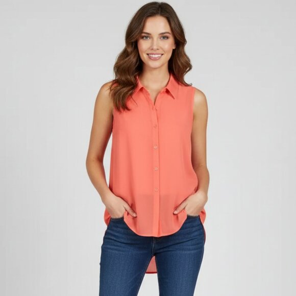 Nado Women's Blouse Sheer Button Down Front Collared Flowy Sleeveless Orange S - Picture 1 of 13